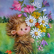 Картины и панно handmade. Livemaster - original item Picture of wool Hedgehog with a bouquet. Handmade.