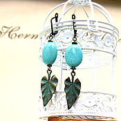Украшения handmade. Livemaster - original item Bronze leaf earrings with turquoise. Handmade.