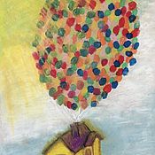 Картины и панно handmade. Livemaster - original item Oil pastel painting house on balloons 