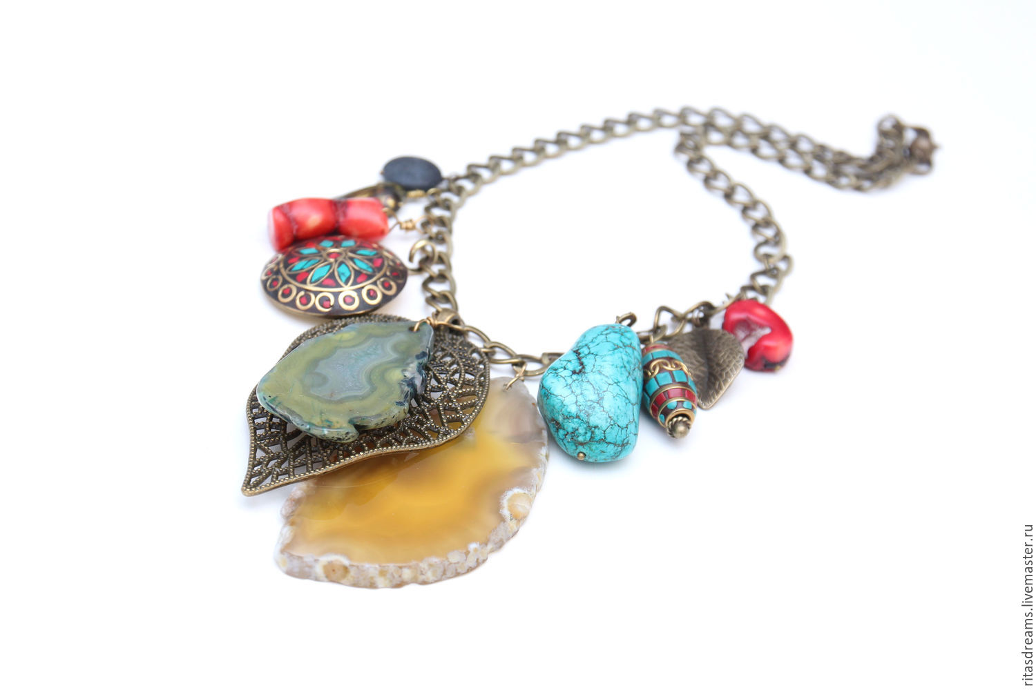 Necklace large chain with large stones, corals, pearls, Tibetan pendants and beads, inlaid with coral and turquoise.
