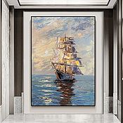 Античная оригинальная большая картина маслом на холсте Корабль в океан