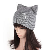 Аксессуары handmade. Livemaster - original item Hat with ears - cat knitted Cat paws gray. Handmade.