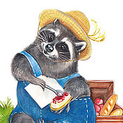 Картины и панно handmade. Livemaster - original item Copy of Raccoon watercolor painting - fisherman raccoon. Handmade.