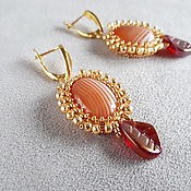 Украшения handmade. Livemaster - original item Oval earrings with carnelian, gold beaded earrings with leaves. Handmade.