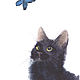 Ilustración: Gato y mariposa blanco Negro. Artwork. Silk Batik Watercolor ..VikoBatik... Интернет-магазин Ярмарка Мастеров.  Фото №2