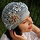 Summer women's openwork beret crochet lace beret with a flower blue, Berets, Ekaterinburg,  Фото №1
