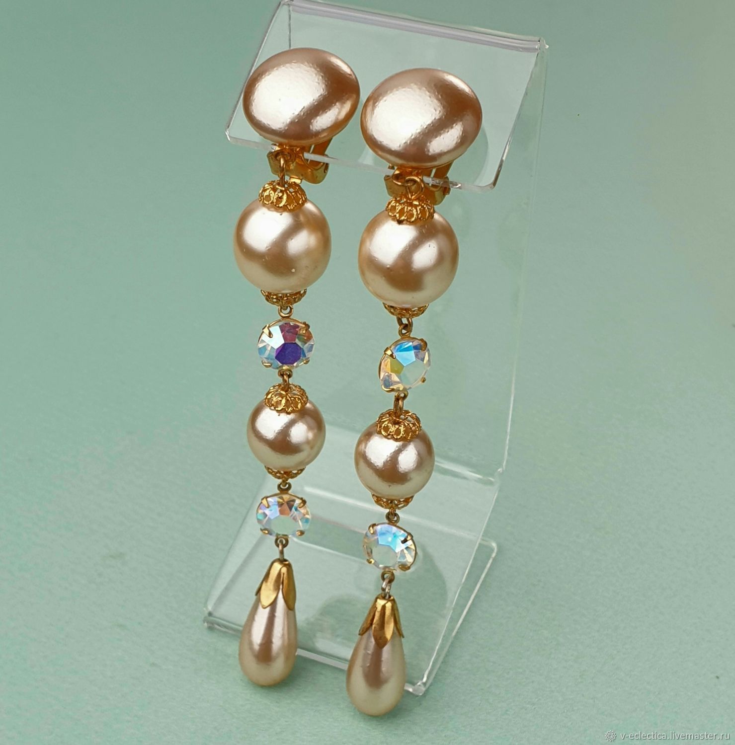 Винтаж: Клипсы с искусственным жемчугом и кристаллами Аврора Бореалис ...