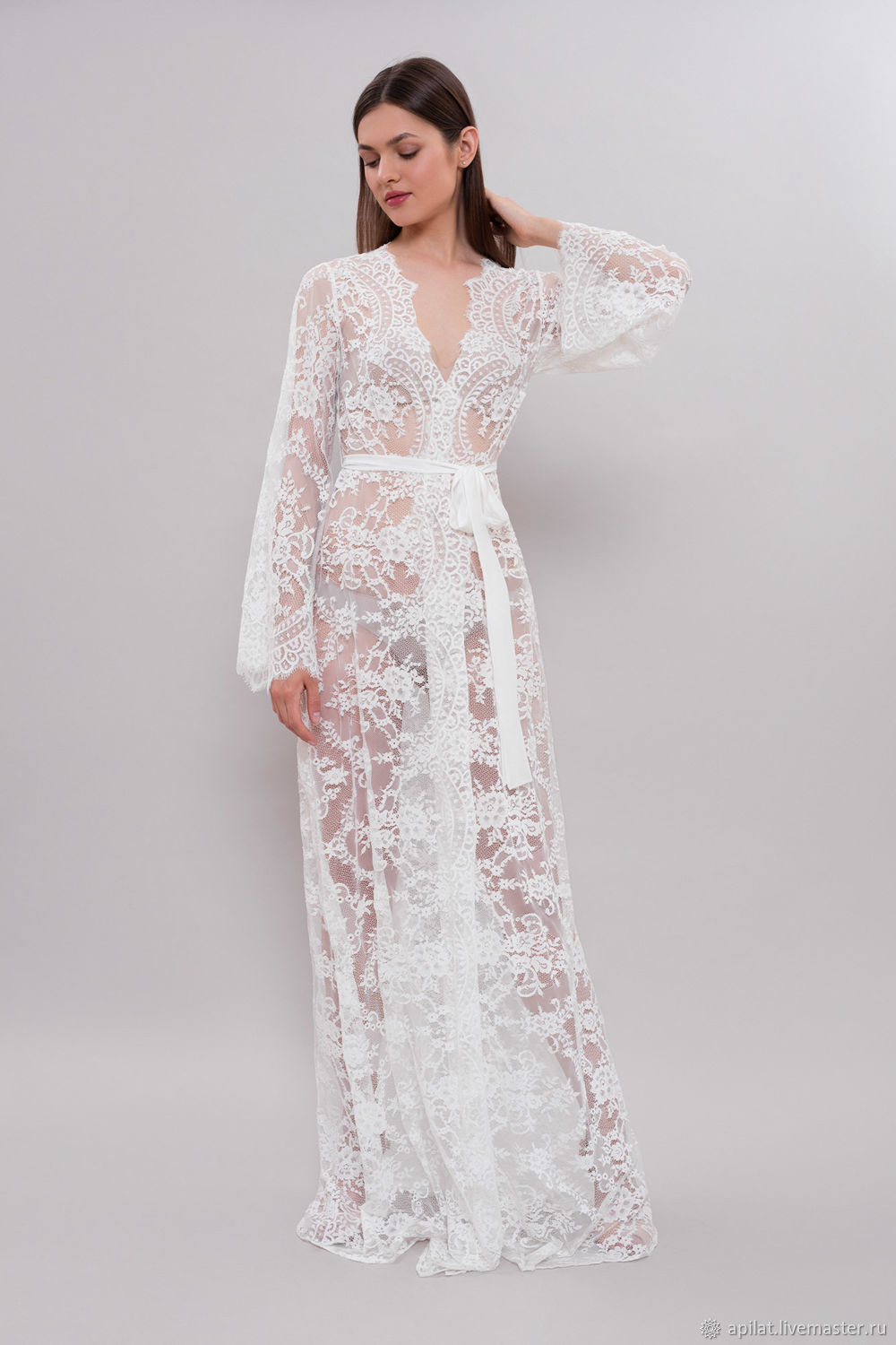 Lace Bridal Robe D4 Ivory Lace Robe Long Bridal Robe Long Sleeve в интернет магазине на