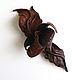 Flower leather brooch Orchid "Arkaim" toup dark brown. Stick pin. De-Si-Re. My Livemaster. Фото №5