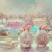Картины и панно handmade. Livemaster - original item Oil painting on canvas. The first snow. White rabbits.. Handmade.