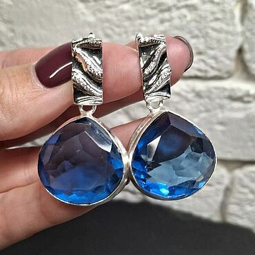 Украшения ручной работы. Ярмарка Мастеров - ручная работа Серьги топаз London Blue, серебряные крупные с фианитами, 4,3 см. Handmade.