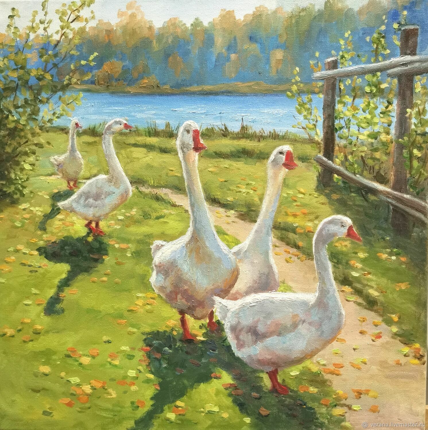 Oil painting. Geese-geese... Summer landscape, Pictures, Zhukovsky,  Фото №1
