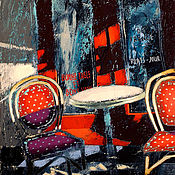 Картины и панно ручной работы. Ярмарка Мастеров - ручная работа Painting on canvas OPEN (red, blue, cafe, Paris). Handmade.