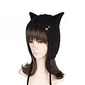 Аксессуары handmade. Livemaster - original item Kotochepchik Hat with ears, a cat with a scythe, knitted Black for women. Handmade.