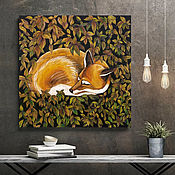 Картины и панно handmade. Livemaster - original item The painting on wood 75x75sm "Sleeping Fox". Handmade.