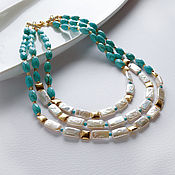Украшения handmade. Livemaster - original item Multi-row necklace with turquoise and pearls in gold. Handmade.