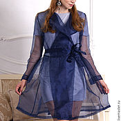 Одежда handmade. Livemaster - original item Dress trench coat blue, dark blue organza prom dress, dress with belt. Handmade.