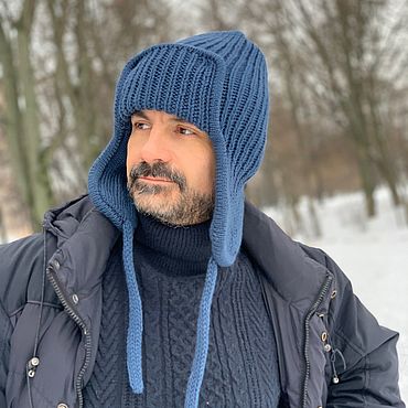 Аксессуары ручной работы. Ярмарка Мастеров - ручная работа Шапка-ушанка вязаная УМА с подкладкой синий индиго. Handmade.
