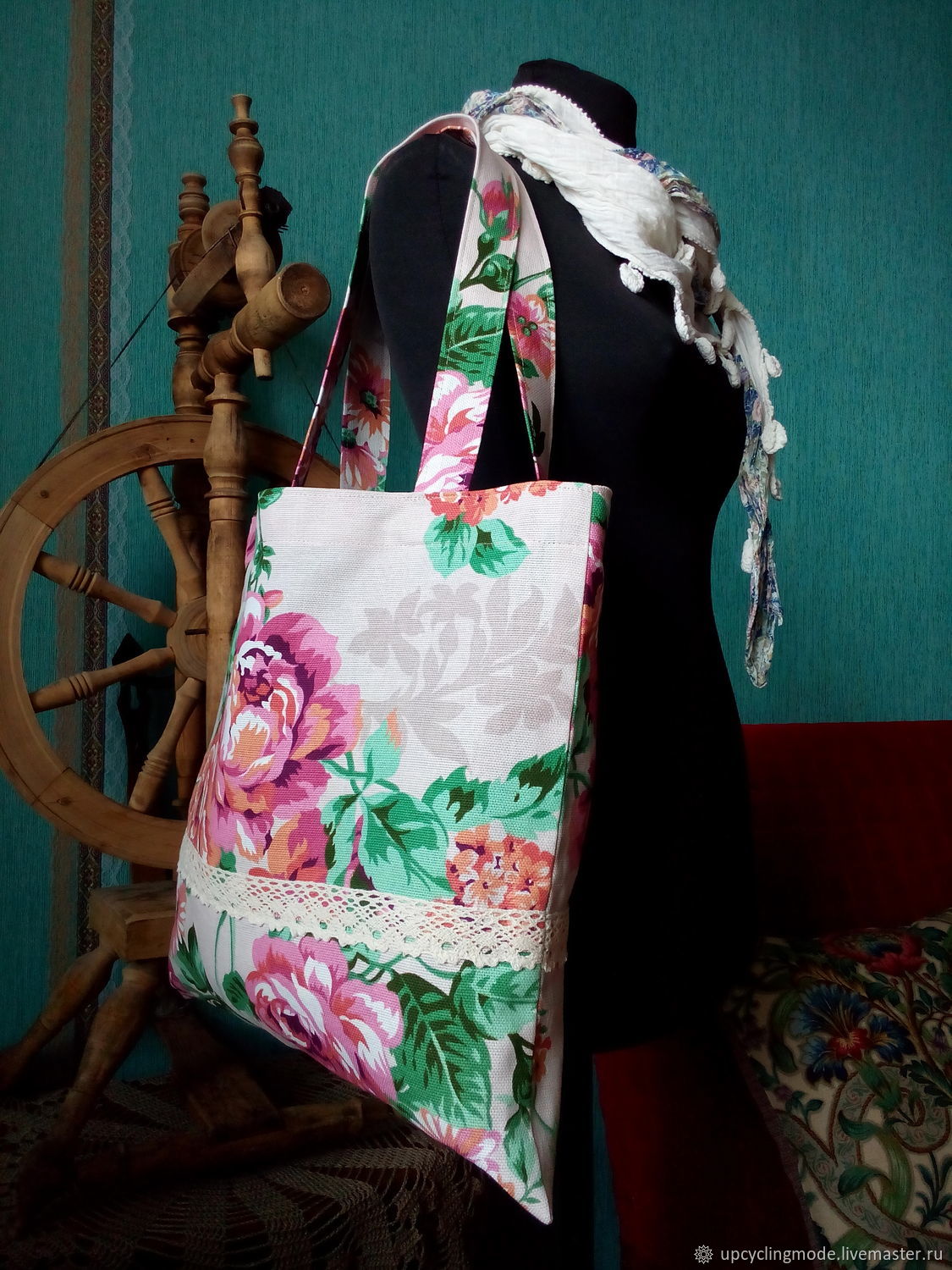 Хлопковая сумка-авоська с кружевом "Розовые розы... ооо!"