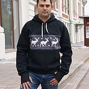 Мужская одежда handmade. Livemaster - original item Black men`s Reindeer sweatshirt, winter hoodie, New Year`s gift. Handmade.