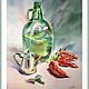 Painting watercolor. Still life. Bottle, teapot and peppers. Pictures. ArtShipilina. My Livemaster. Фото №5