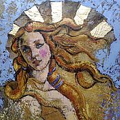 Картины и панно ручной работы. Ярмарка Мастеров - ручная работа Pintura al óleo con dorado Venus (chica azul marrón claro). Handmade.