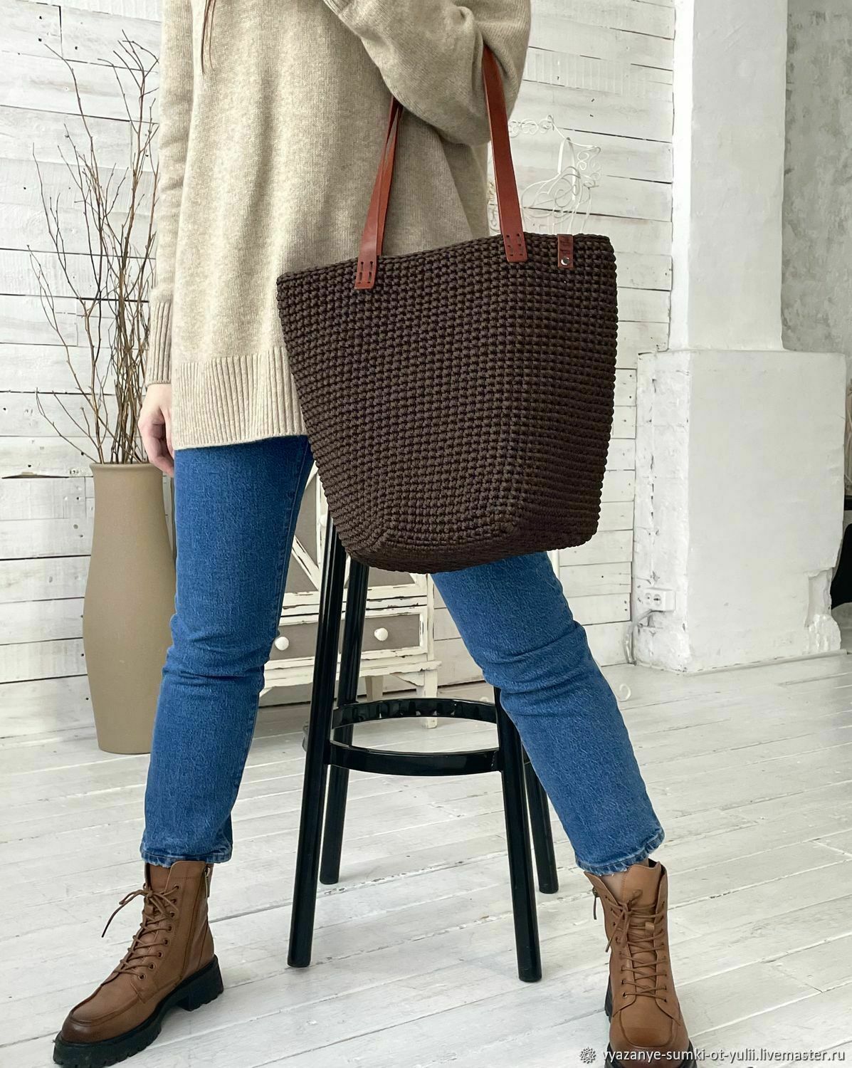 Сумка шоппер вязаная коричневая с кожаными ручками в интернет-магазине ...