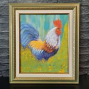 Картины и панно handmade. Livemaster - original item An oil painting framed in a baguette frame is a Happy cockerel. Handmade.