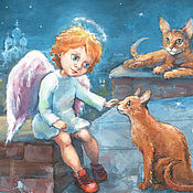 Открытки handmade. Livemaster - original item Angel and red cats on the roof, postcard for Christmas and New Year. Handmade.