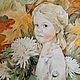 Осень. Анна Чепель. 40x30 см., бумага, акварель, 2016. Оформлена в раму. Портрет девочки на фоне из осенних листьев и цветов хризантем.