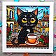  Витражная картина Котик пьёт кофе на балконе 22х22 см, Картины, Минск,  Фото №1