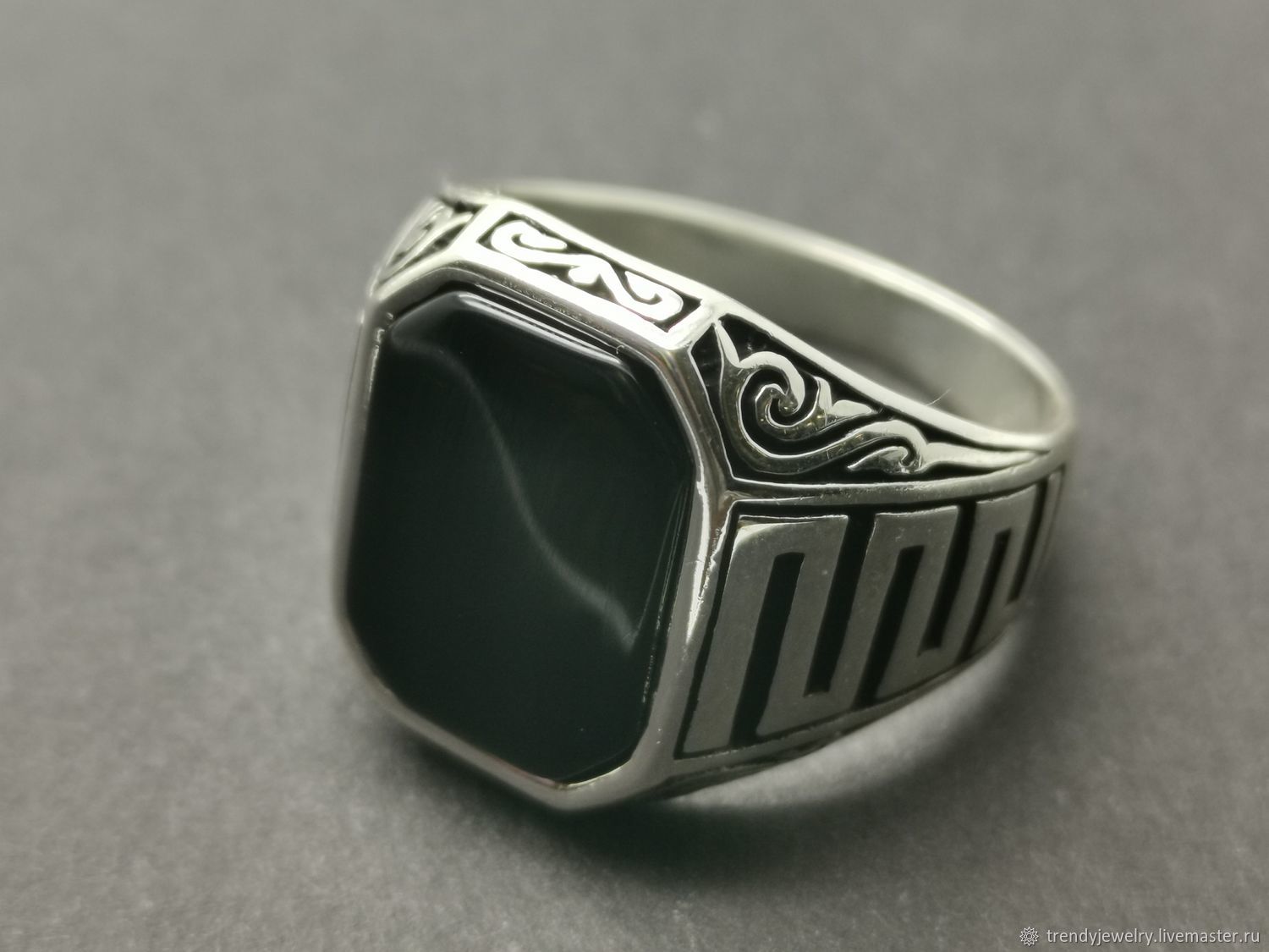 Черный агат перстень мужской серебро 925 пробы с камнем кольцо