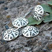 Украшения handmade. Livemaster - original item Earrings, ring and pendant Rock Carvings made of silver 925 RO0038. Handmade.