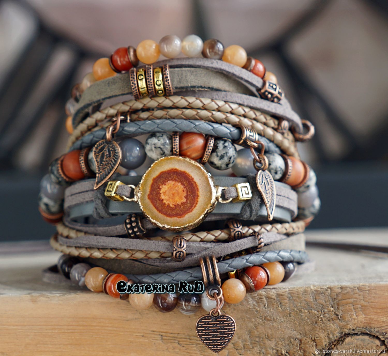 Leather bracelet with stones in Boho style 'Rainy afternoon', Bead bracelet, Moscow,  Фото №1