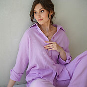 Одежда handmade. Livemaster - original item Summer lilac muslin suit, light cotton shirt, trousers. Handmade.