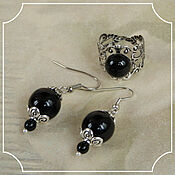 Украшения handmade. Livemaster - original item Jewelry set with black agate under silver (ring earrings). Handmade.