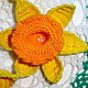 knitted cloth, cloth with daffodils,knitted flowers, knitted daffodils,tissue volume,tissue hook, tissue paper with knitted flowers, daffodils crochet.

