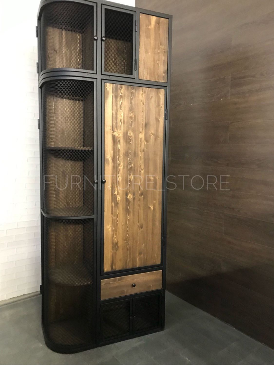 Шкаф в стиле лофт в спальню из металла и дерева
