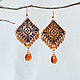 Copper earrings with boho pattern diamond earrings Red Orange, Earrings, Ulan-Ude,  Фото №1