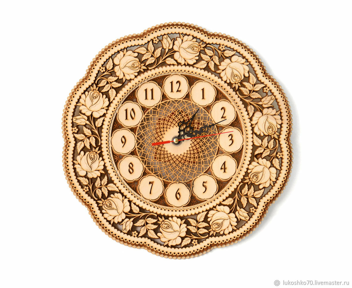 Large round wooden clock 'Roses' D30. Art.40024, Watch, Tomsk,  Фото №1