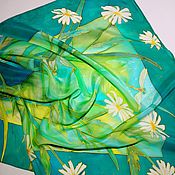 Батик платок Вальс цветов 75*75 натуральный атлас, ручная роспись