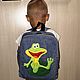 Children's denim backpack with frog applique. Backpacks. Tvorcheskaya masterskaya Mariny. Интернет-магазин Ярмарка Мастеров.  Фото №2