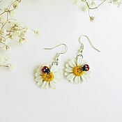 Украшения handmade. Livemaster - original item Chamomile Earrings Ladybug Earrings Dangle Earrings with White Flowers. Handmade.