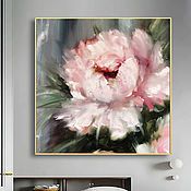 A small square painting with a peony. Peonies on a gray background with oil