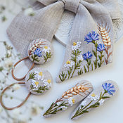 Украшения handmade. Livemaster - original item Bow, elastic bands, hairpins - linen, embroidery Cornflowers, Daisies. Handmade.