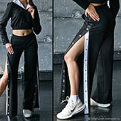 Одежда handmade. Livemaster - original item Women`s wide trousers with buttons, black summer trousers with stripes. Handmade.