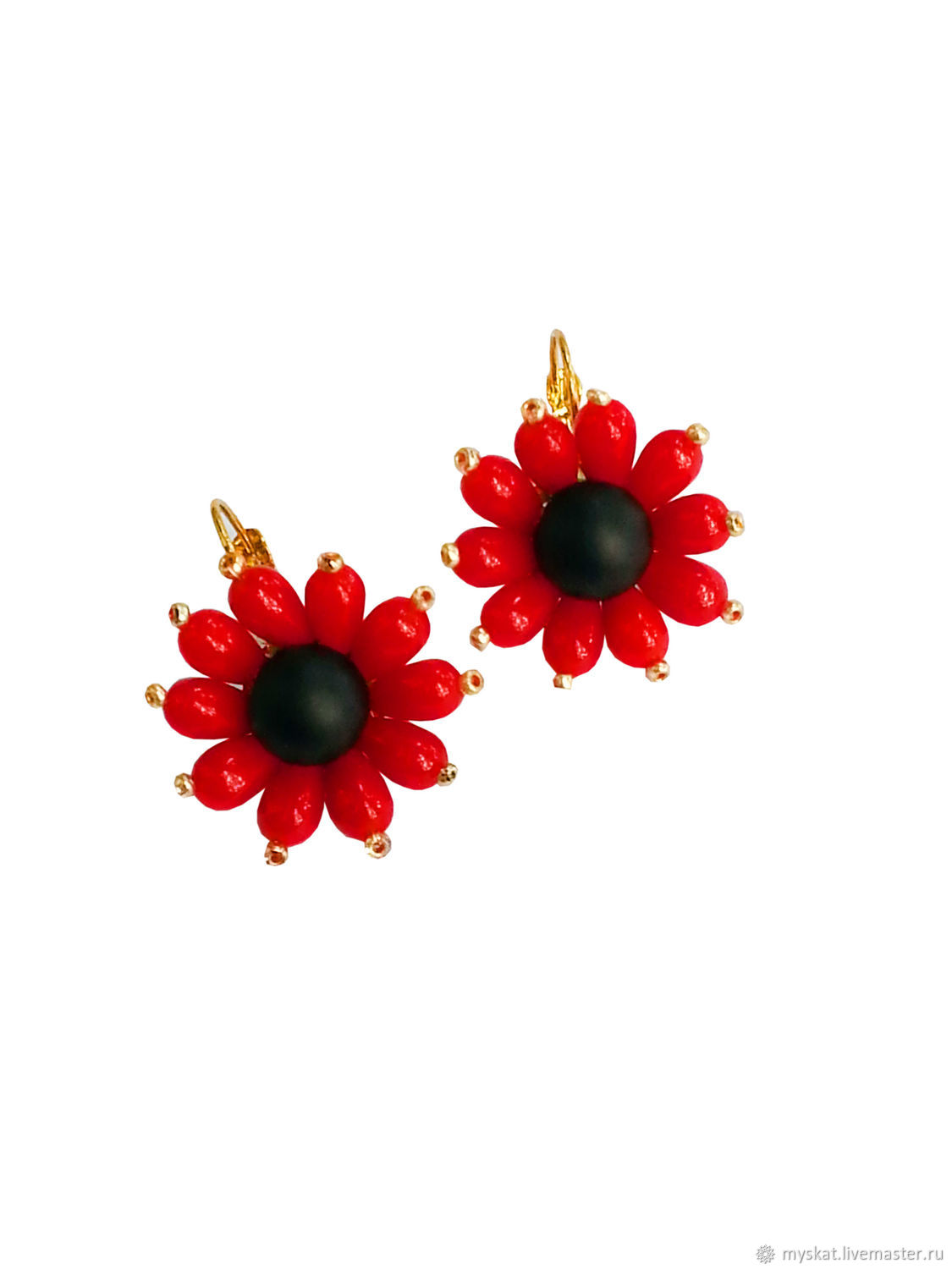 Earrings Red flowers, coral, shungite, gold plated, Earrings, Moscow,  Фото №1