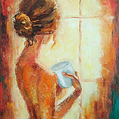 Картины и панно handmade. Livemaster - original item Nude painting of a Girl with a mug by the window oil palette knife. Handmade.