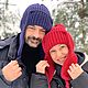 Шапка-ушанка вязаная УМА сине-фиолетовый и красный, Шапка-ушанка, Санкт-Петербург,  Фото №1