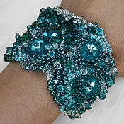 Украшения handmade. Livemaster - original item Wide Beaded Bracelet with Swarovski Crystal Sea Wave Turquoise. Handmade.